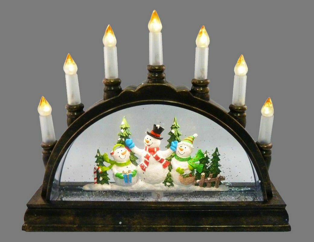 Новогодний светильник горка снежный "Снеговички с подарками" пластик чёрный 7 LED-огней 25.5 см батарейки Peha Magic