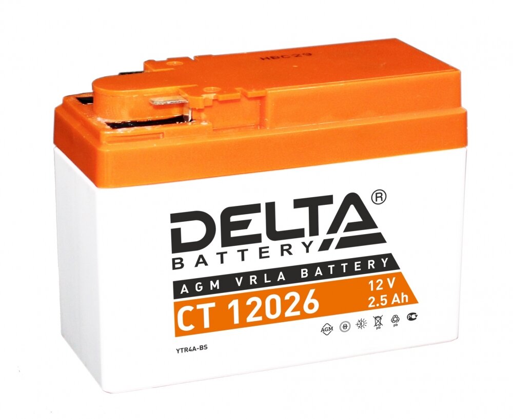 Аккумулятор для мотоцикла и скутера Delta CT12026 12V 2.5 А/ч 45 А обр. пол. залит/заряжен YTX4A-BS, YTR4R-BS (114х49х86) AGM VRLA