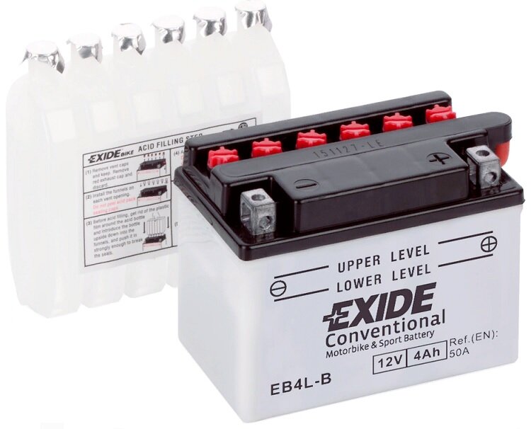 Аккумулятор для мотоцикла и скутера Exide Conventional 4 А/ч 50 А обр. пол. с/зар. с эл. EB4L-B (120х70х92) YB4L-B YB4L-A