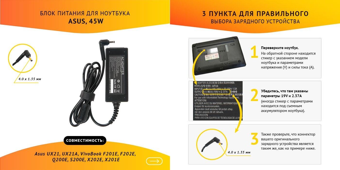 Power unit / Блок питания для ультрабука Asus UX21, UX21A, VivoBook F201E, F202E, Q200E, S200E, X202E, X201E, 19V, 2.37A, 45W, 4.0х1.35 без кабеля