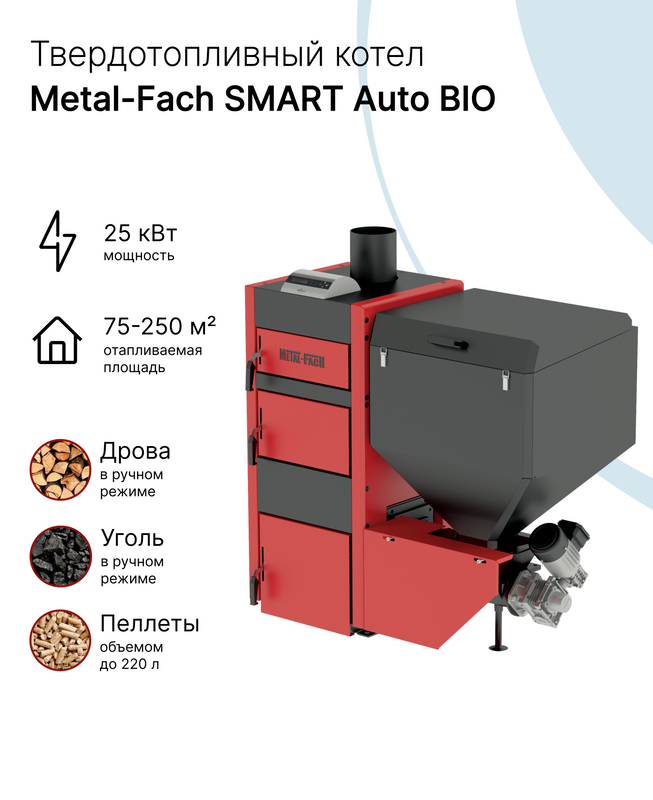 Твердотопливный автоматический котел Metal-Fach SMART Auto BIO 25 кВт (с интернет-модулем)