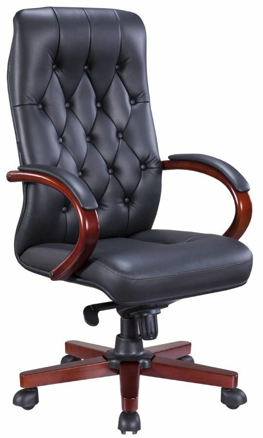 Эргономичное компьютерное мягкое кресло Everprof Monaco Wood, регулировка высоты газлифт, механизм качания мультиблок / ортопедическое кресло для дома и офиса / натуральная кожа, черное