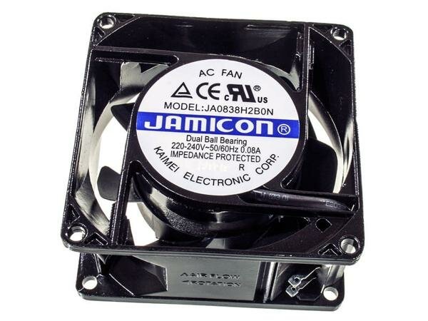 Вентилятор JAMICON JA0838H2B0N-T, Вентилятор осевой, 80х80х38мм, 220В, AC, подшипник качения, 37,78куб.м/ч, 12Вт, 26,3дБА, 1шт