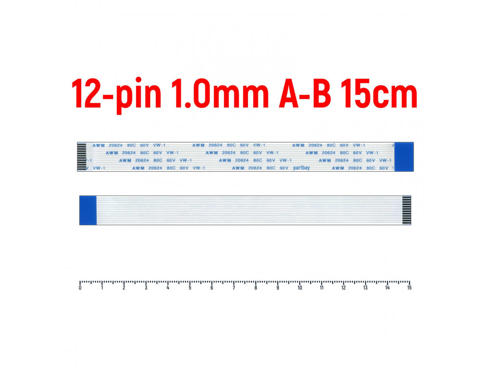 Шлейф FFC 12-pin Шаг 1.0mm Длина 15cm Обратный A-B AWM 20624 80C 60V VW-1