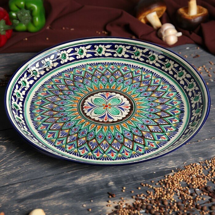 Ляган круглый, диаметр 37 см, блюдо из керамики, узбекская посуда, тарелки для сервировки