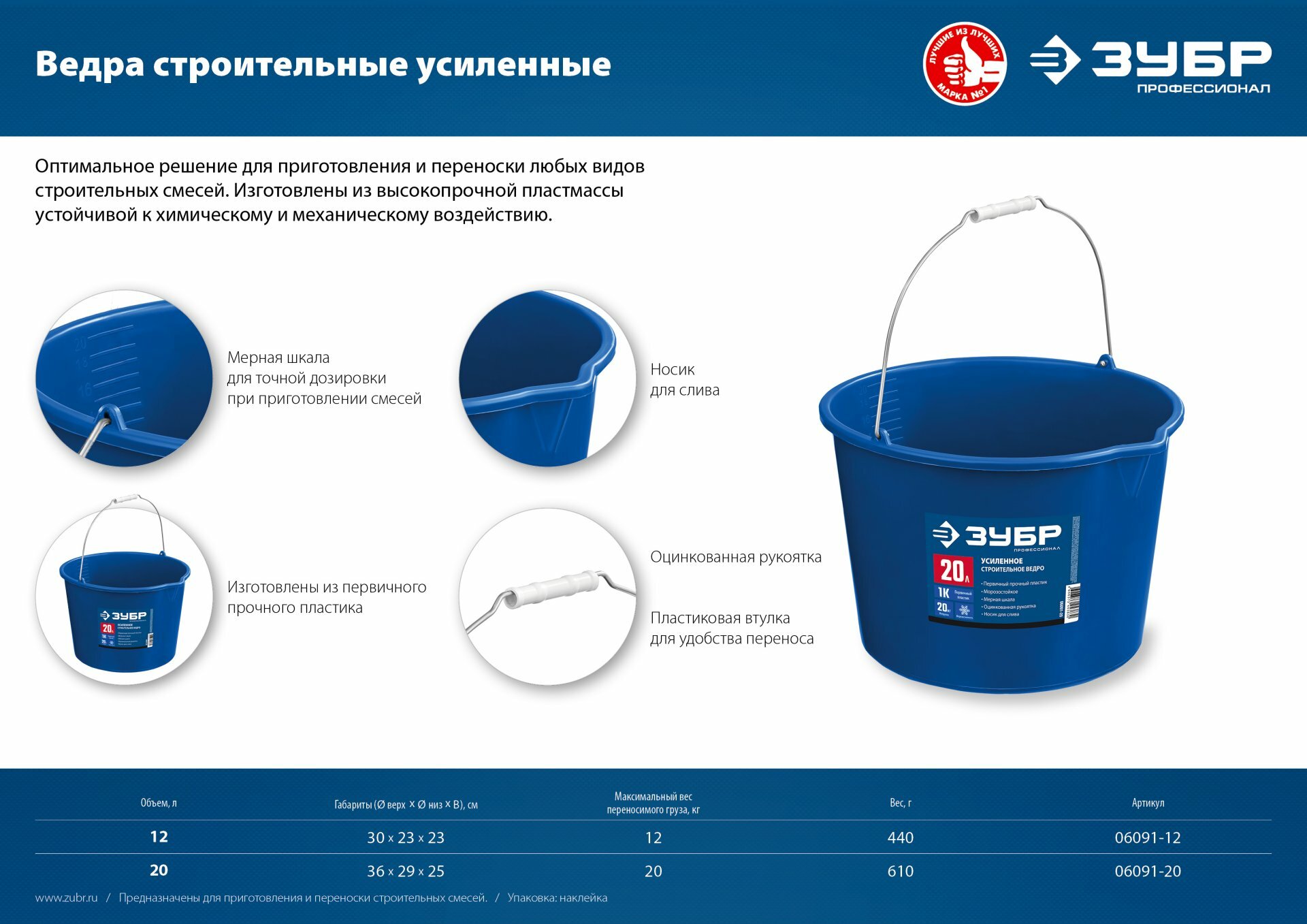 Усиленное строительное ведро ЗУБР, 20 л, первичный высокопрочный пластик, с носиком, Профи (06091-20) — фото 3