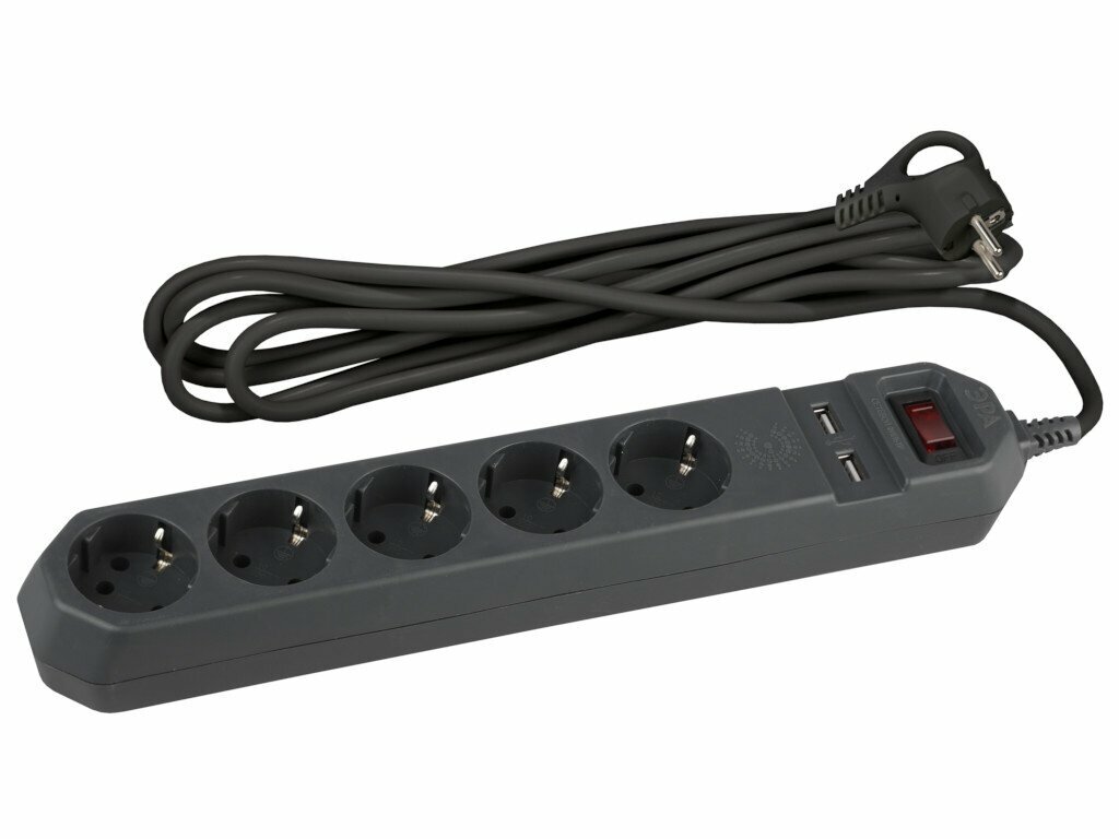 Сетевой фильтр Эра 5 Sockets + 2USB 1.5m Black USF-5es-1.5m-USB-B / Б0019036