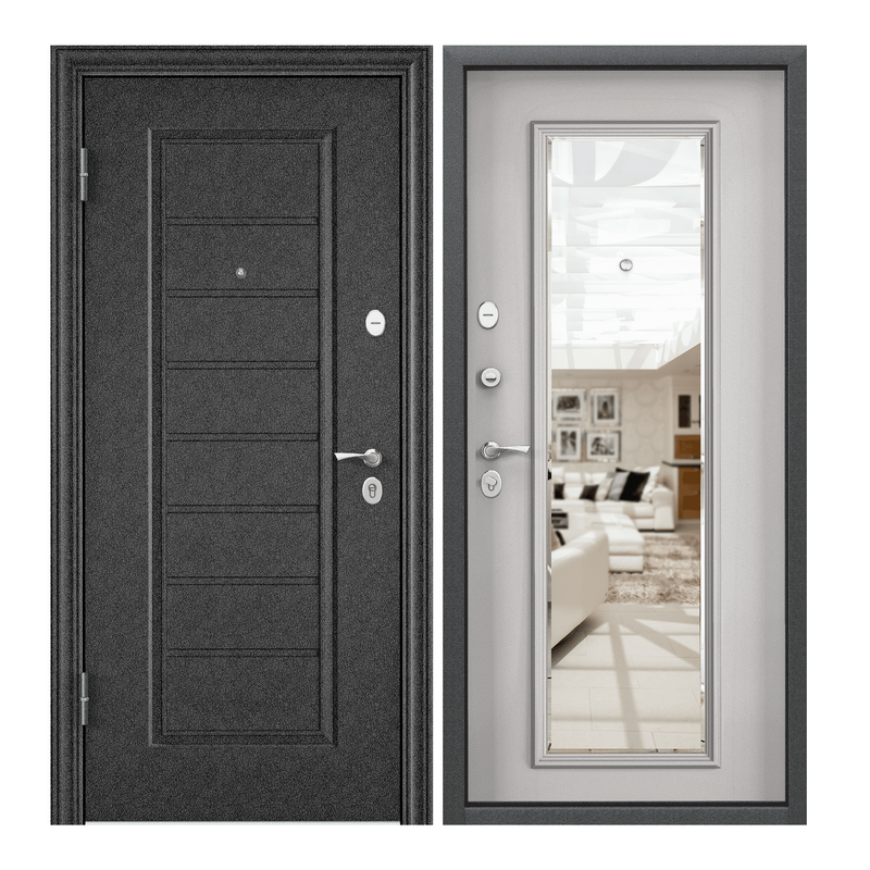 Дверь входная для квартиры Torex Flat-M 950х2050 правая тепло-шумоизоляция антикоррозийная защита замки 4го и 2го класса защиты зеркало черный