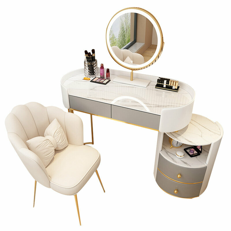 Туалетный столик 100 см овальный с мраморной столешницей, тумбой, зеркалом и стулом (оранжевый столик + тумба + умное зеркало + оранжевый стул) - фотография № 4