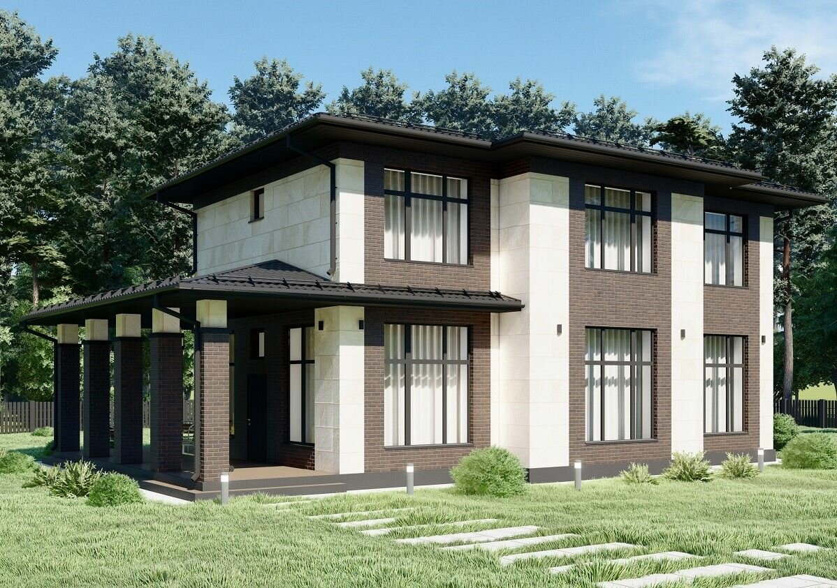 Проект двухэтажного дома с облицовкой кирпичом в стиле Райт S-201 - фотография № 1