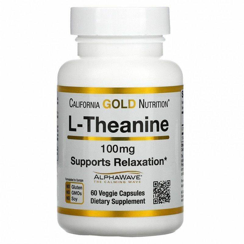 L-Теанин AlphaWave 100мг California Gold Nutrition, 60 капсул / Аминокислота / Для памяти, мозга, сна, энергии, тренировок, женщин и мужчин