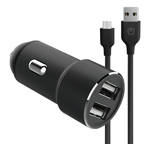 Unico Автомобильное ЗУ, 2xUSB 2.0, 2,4A, вх 12-24В, вых 5В/2.4A, металл, защита от КЗ, вкл кабель micro usb, 1м, черный, RTL BOX (CCMICROUNC)