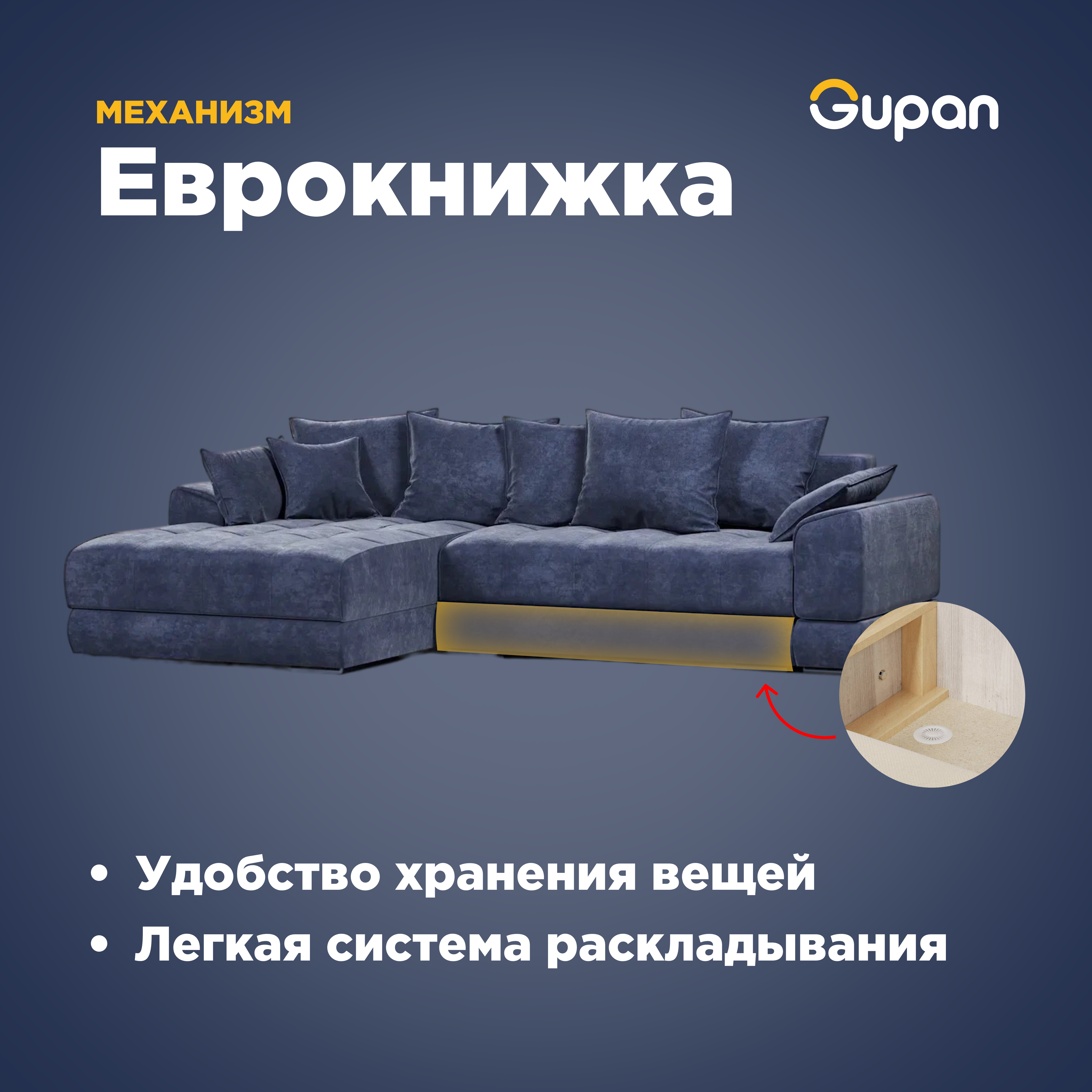 Угловой диван-кровать Gupan Nordkisa, механизм Еврокнижка, 285х190х87 см, наполнитель ППУ, ящик для белья, цвет Amigo Navy, угол справа - фотография № 5