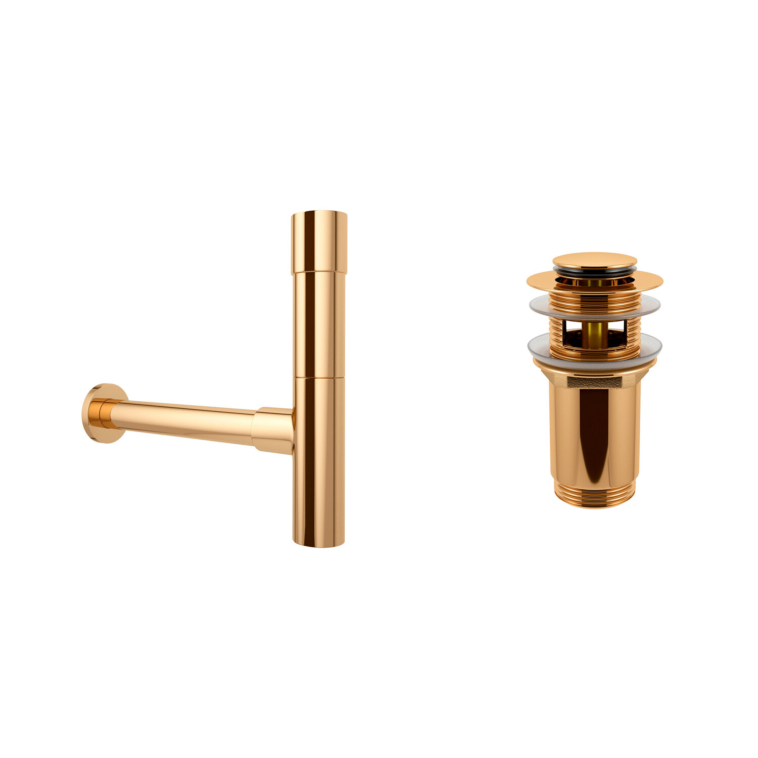 Сифон для раковины Wellsee Drainage System 182116001 в наборе 2 в 1: металлический сифон и донный клапан с переливом в цвете золото - фотография № 1