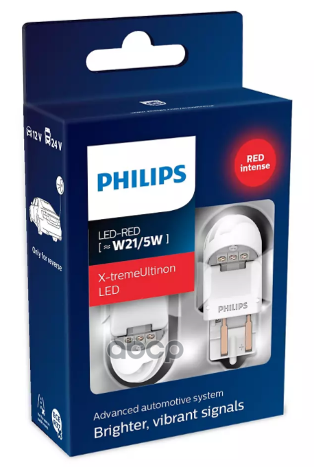 Набор Автоламп Led Philips 11066Xurx2 Wr21/5W(7443) 12-24V 1,8/0,3W W3x16d X-Tremeultinon Led Gen2 (Красный) (К2/10) Philips...