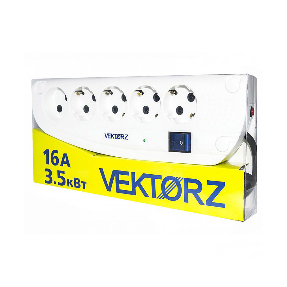 Сетевой фильтр Vektor Z, 3,5 кВт, 16А, 5 розеток (4 с заземлением), 3 м, белый