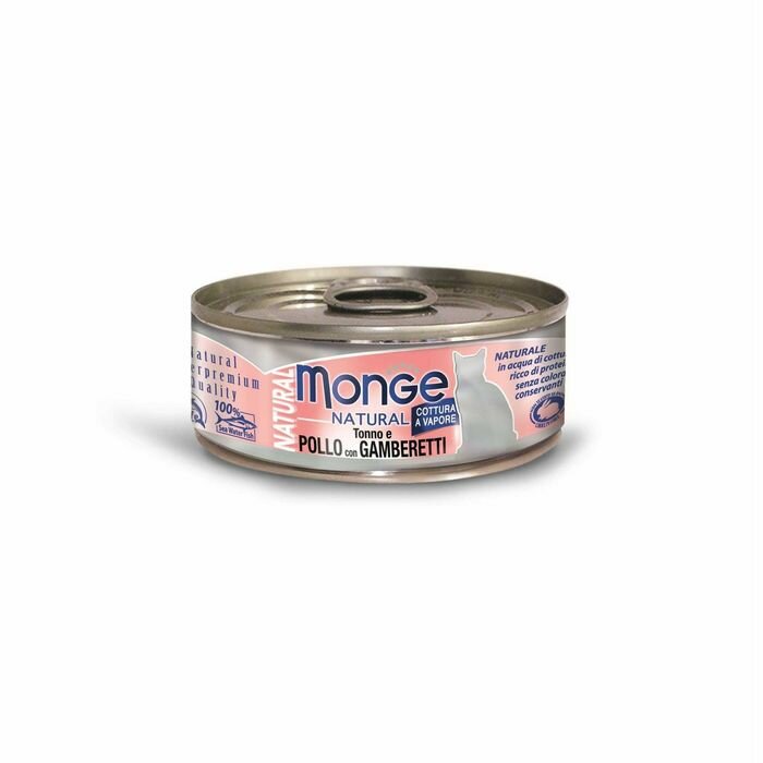 Влажный корм Monge Cat Natural для кошек, тунец с курицей и креветками, ж/б, 80 г (8 шт) - фотография № 1