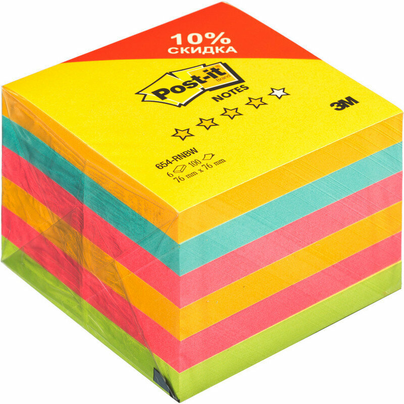 Блок-кубик Post-it 654-RNBW радуга плюс 76х76 4 цвета 6 блоков х 100 листов, 738391