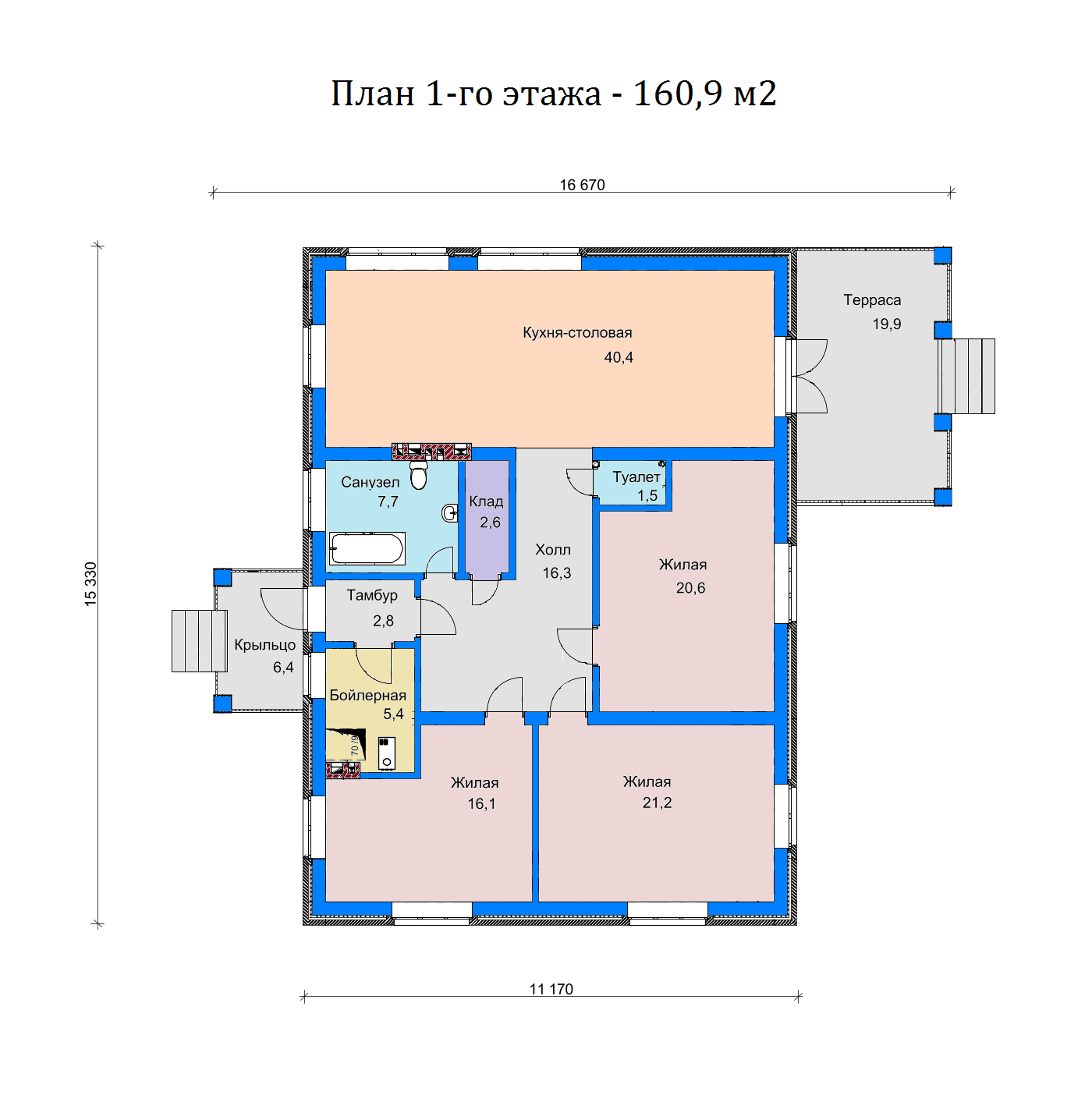 Проект одноэтажного дома SD-proekt 11-0072 (160,9 м2, 11,17*15,33 м, газобетонный блок 300 мм, утеплитель 50 мм, облицовочный кирпич) - фотография № 5