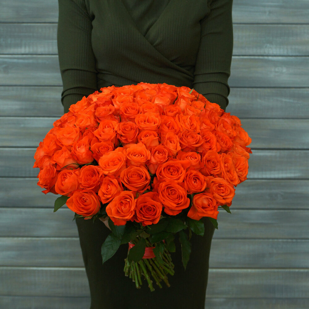101 оранжевая роза с лентой (40 см) Д