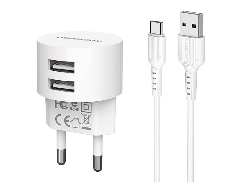 Зарядное устройство Borofone BA23A Brilliant 2xUSB 2.4А + Cable USB Type-C 1m White 0L-00044347