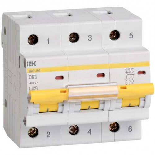 Автоматический выключатель IEK 3п D 100А 10кА ВА47-100, MVA40-3-100-D