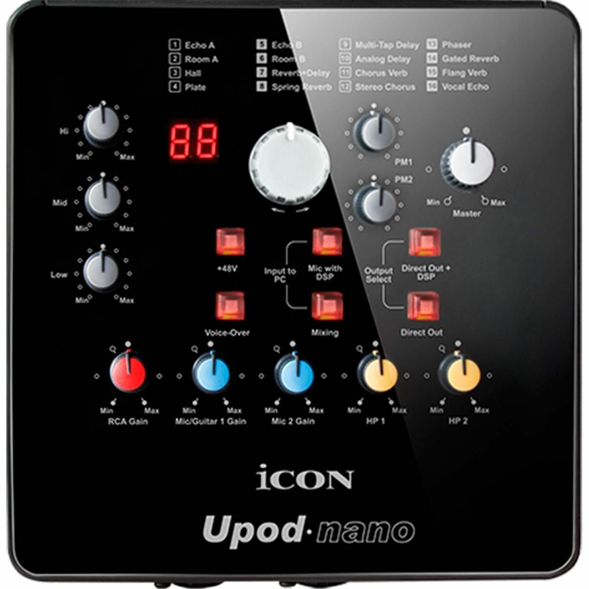 ICON UPod Nano - USB аудио интерфейс с DSP обработкой 2х2 входа/выхода full duplex запись и воспроизведение 16 DSP эффектов 2-х разрядный индикатор АЦП/ЦАП 16 бит/48 кГц частот. диапазон 22-20000 Гц динам. диапазон 90 дБ S/N -90 дБ THD+N