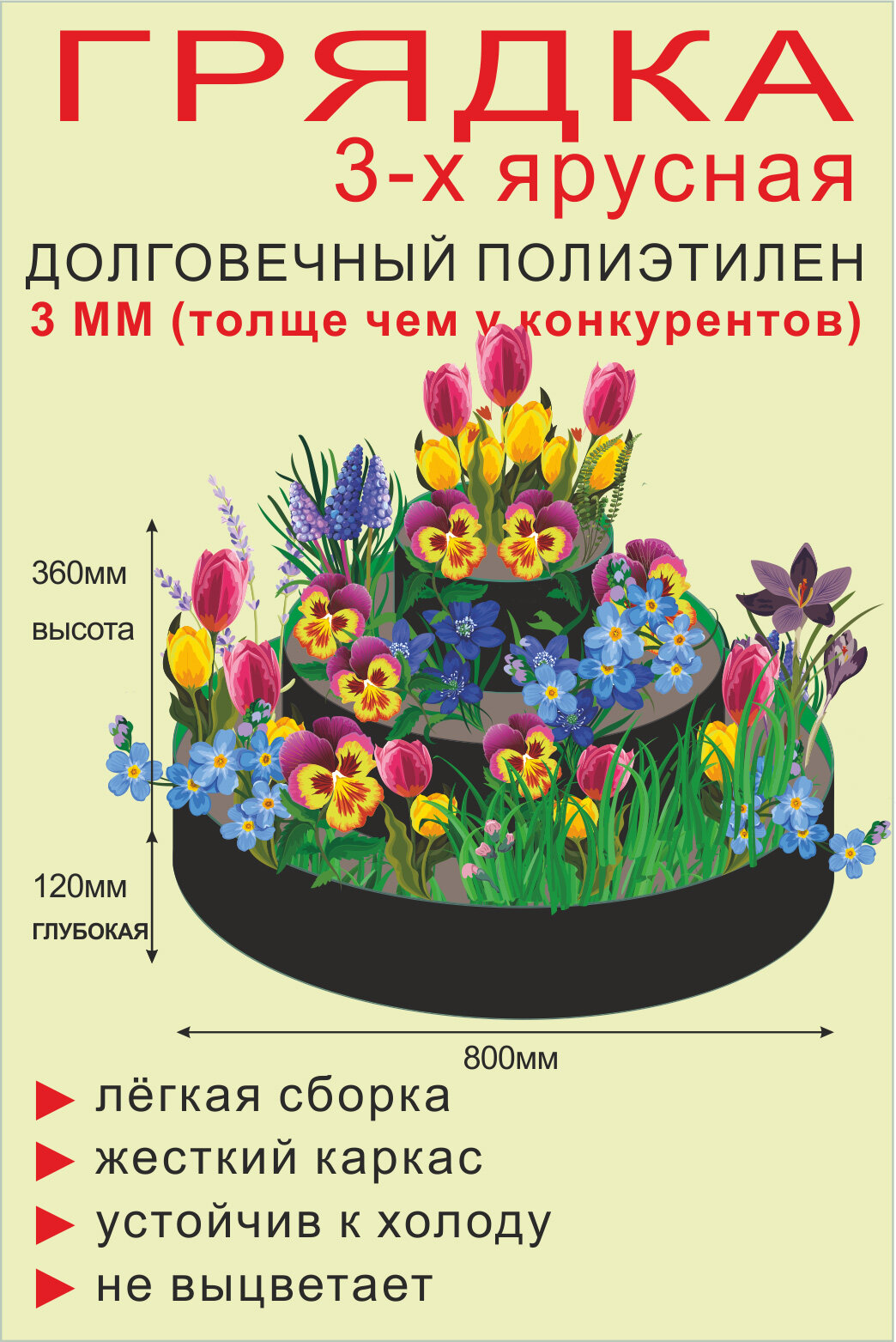 Клумба гибкая, 3 яруса, d = 40–60–80 см, h = 36 см, чёрная - фотография № 1