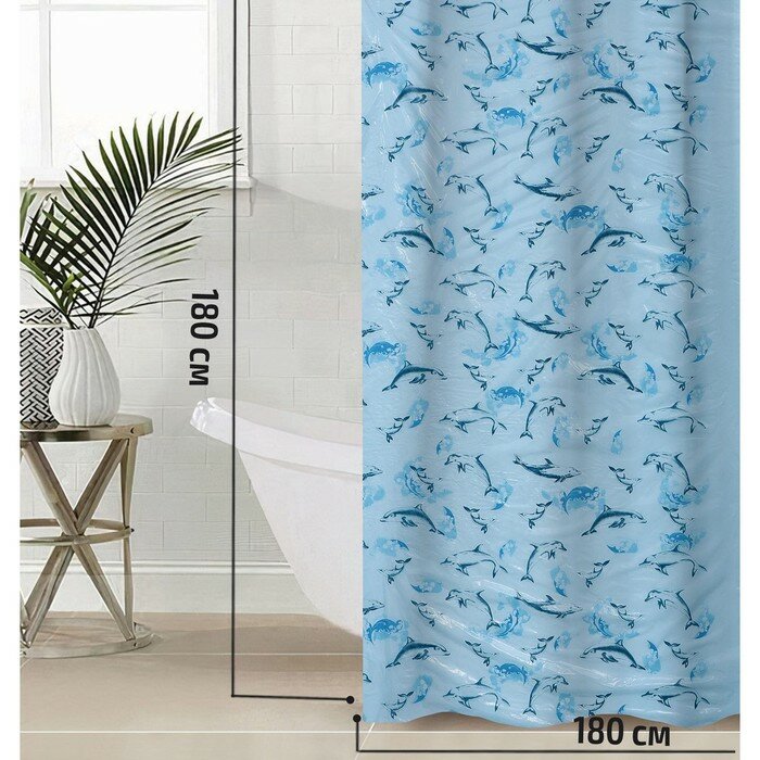Штора для ванной «Дельфины», 180×180 см, полиэтилен, цвет голубой - фотография № 2