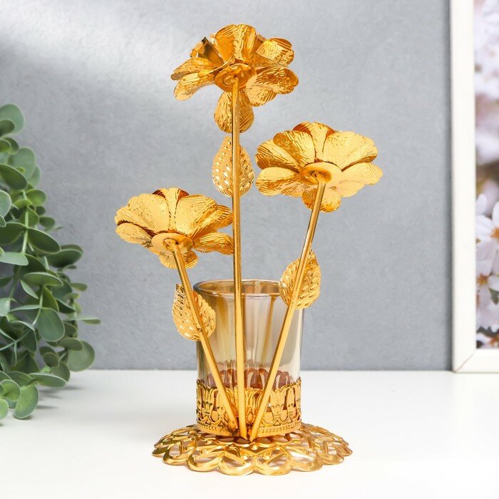 Подсвечник металл, стекло на 1 свечу "Золотые цветы" d-5 см 9,5х13х19 см - фотография № 4