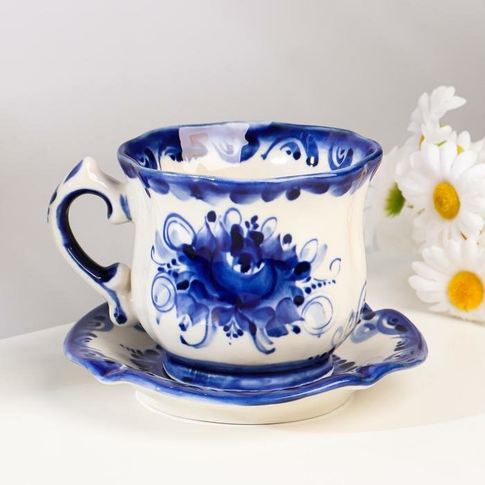 фото Чайная пара "Ромашка", гжель, фарфор, 9х14 см