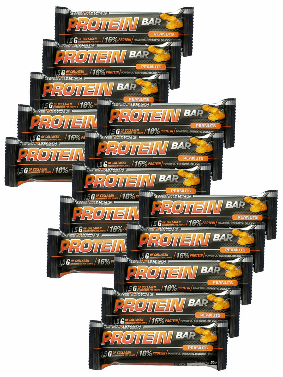 Ironman Protein bar с Коллагеном (Орех) 15х50г / Протеиновый батончик в шоколаде для набора мышечной массы женщин и мужчин