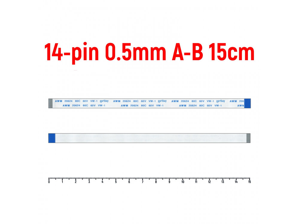 Шлейф FFC 14-pin Шаг 0.5mm Длина 15cm Обратный A-B AWM 20624 80C 60V VW-1