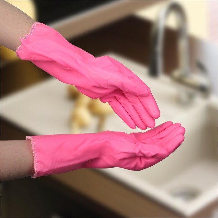 Перчатки хозяйственные резиновые Доляна, с подкладом, размер L, 90 гр, цвет розовый - фотография № 1