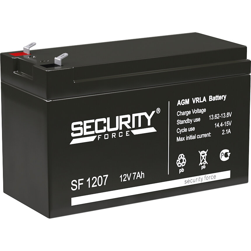 Security Force SF 1207 (12V / 4.5Ah) Батарея SECURITY FORCE серия SF SF 1207 напряжение 12В емкость 7Ач (разряд 20 часов) макс. ток разряда (5 сек.) 60А макс. ток заряда 2.1А свинцово-кислотная типа AGM клеммы F1 ДxШxВ 151х65х95мм. вес кг. срок службы 3-5 лет. SF 1207