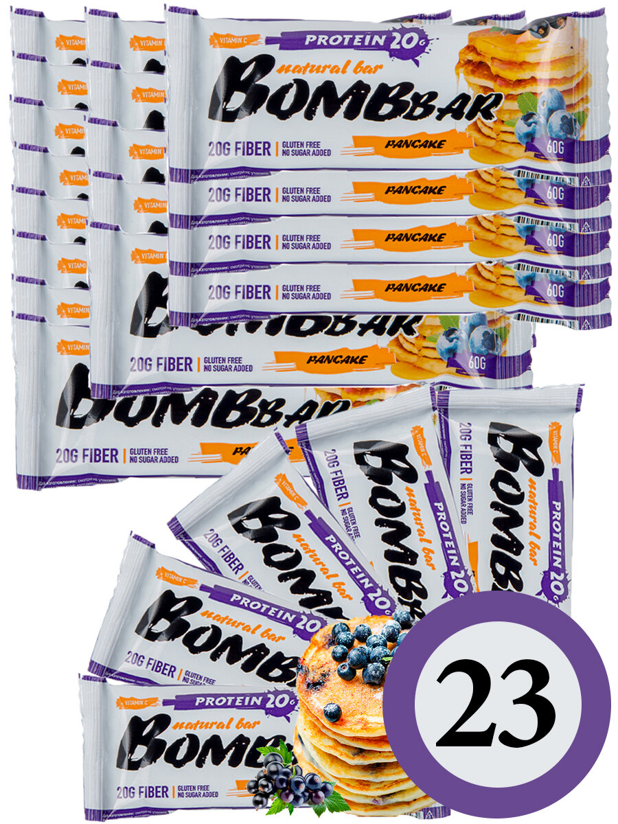 Протеиновый батончик Bombbar Protein Bar 23 x 60 г, Смородиново-черничный панкейк