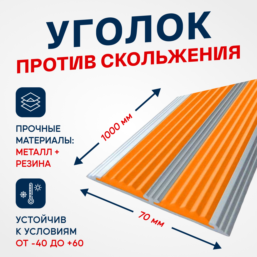 Противоскользящий алюминиевый профиль, полоса на ступени с двумя вставками 70мм, 1м, оранжевый - фотография № 1