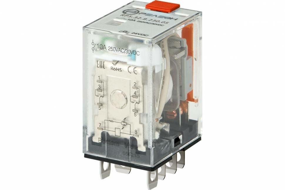 фото Миниатюрное силовое реле Релеон 2 CO контакта 10а ; 230в Ac; блокируемая кнопка проверки, RP532823005