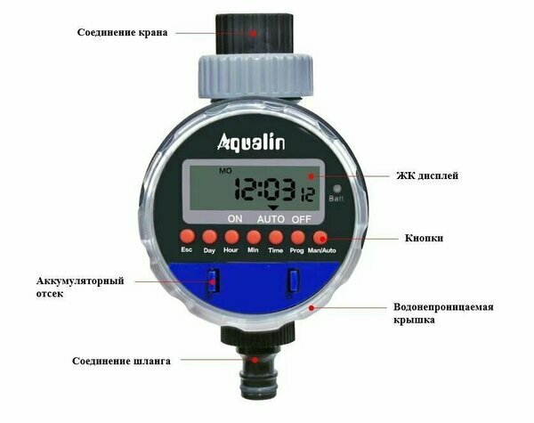 Таймер для полива электронный c ЖК-дисплеем Aqualin AT02, Серый - фотография № 1