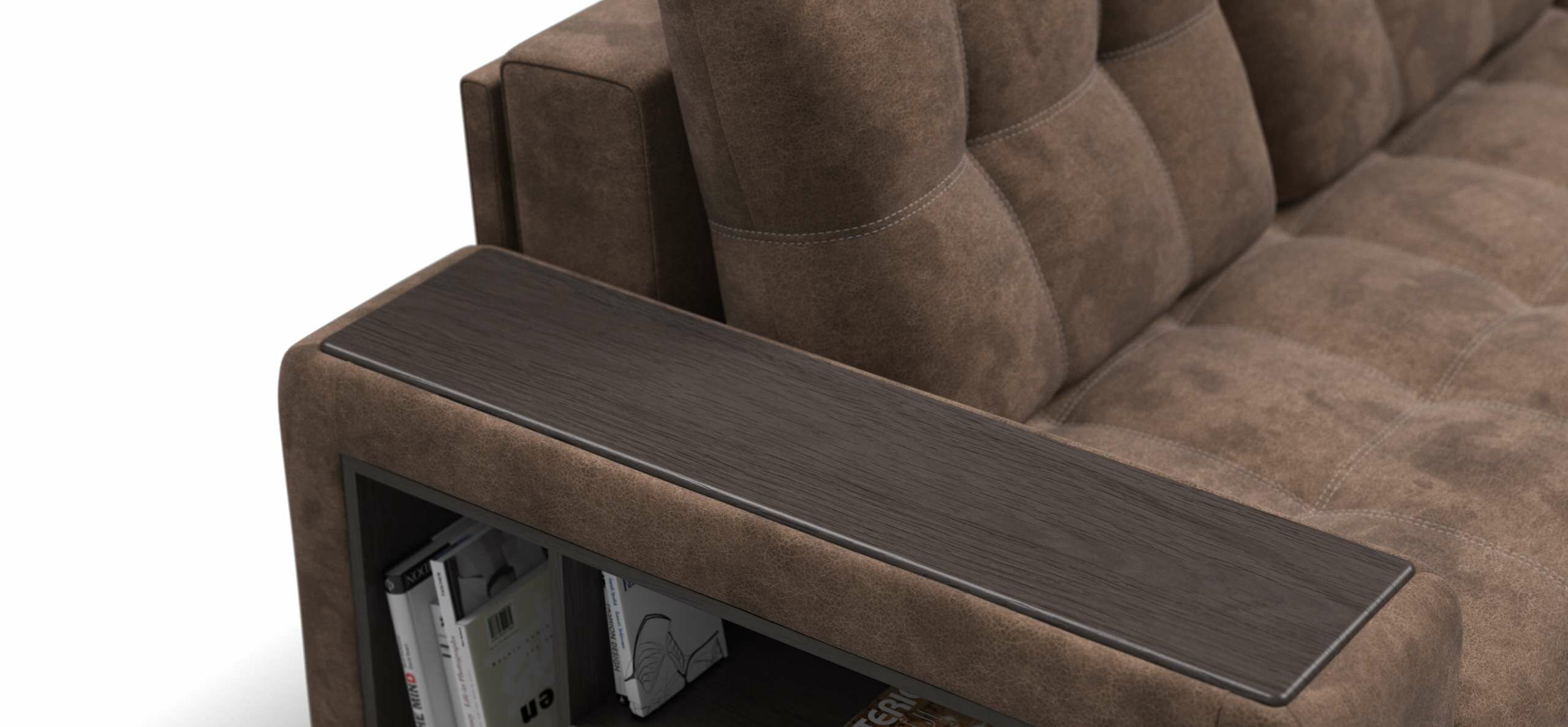 Угловой диван-кровать BOSS XL SE, с ящиком для хранения и полками, еврокнижка, велюр Alkantara шоколад, 285х156х96 см - фотография № 9