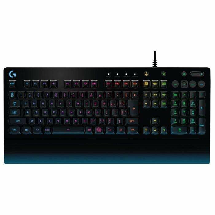 Клавиатура игровая Logitech G213 Prodigy [920-008092] черная, бесшумная, 112 клавиш (8 мультимедиа), RG-подсветка, подставка под запястья, защита от воды, USB 1,8м, {4}, (065963)