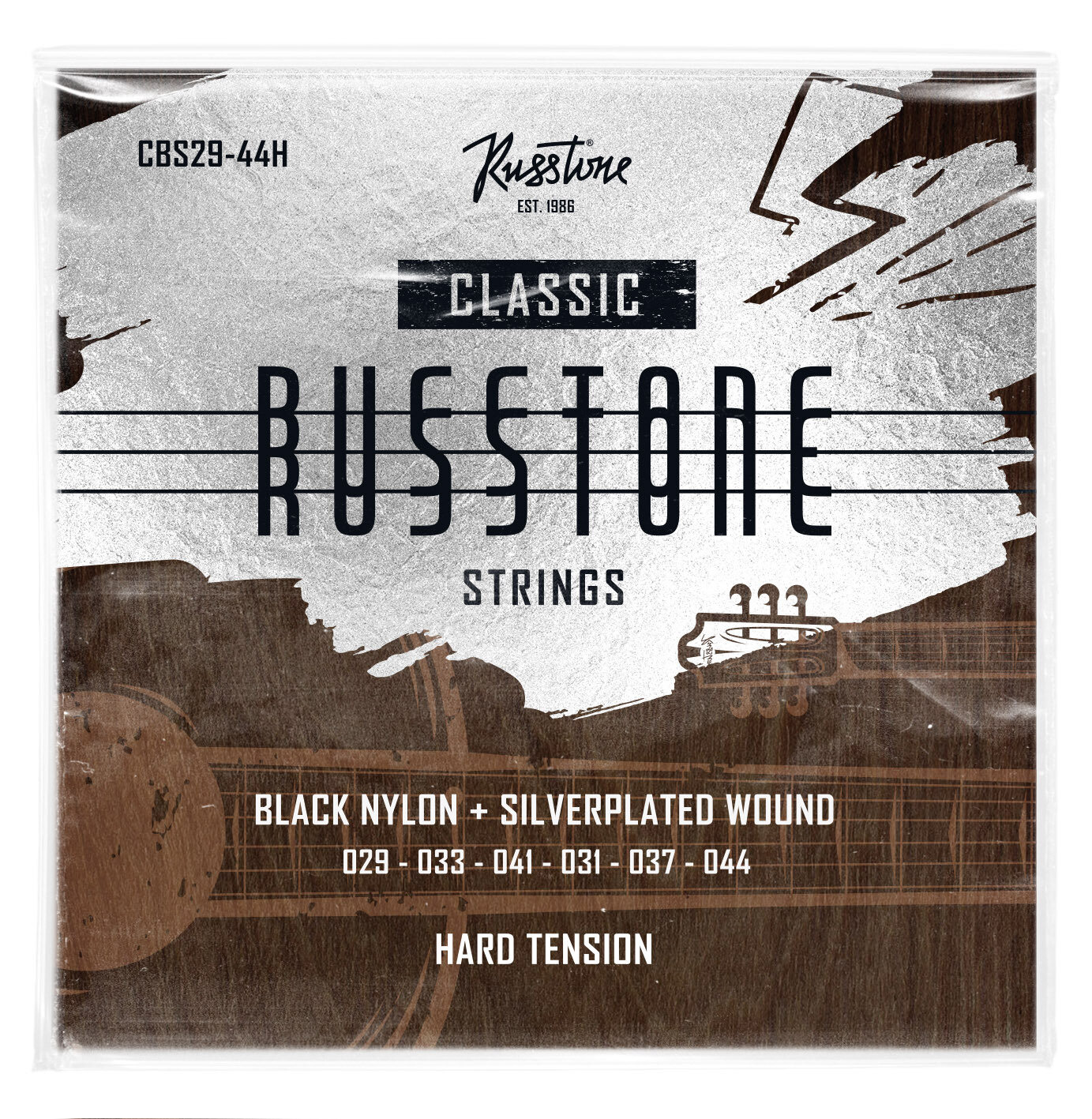 Струны для классической гитары Russtone CBS29-44H, Серия: Black Nylon, Обмотка: посеребрёная, Натяжение: сильное, Калибр: 29-33-41-31-37-44.