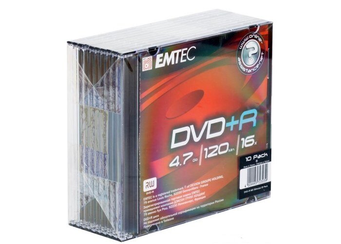 Диск DVD+R 4.7Gb EMTEC 16x Slim упаковка 10 шт