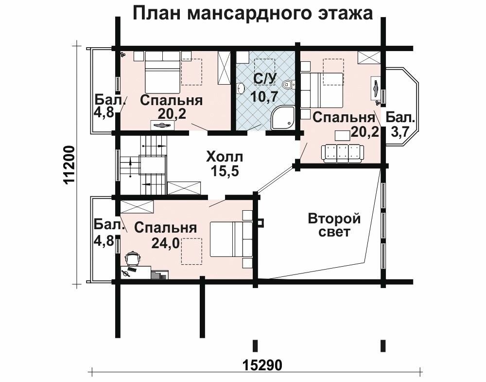 (230м2, 15х15м) Готовый проект уютного дома с мансардой из бруса - AS-1314 - фотография № 4