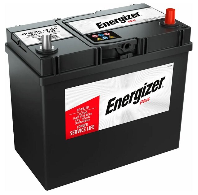 Аккумулятор автомобильный Energizer Plus 45 А/ч 330 А обр. пол. тонк. кл. EP45JTP Азия авто (238x129x227) 545155 2020г