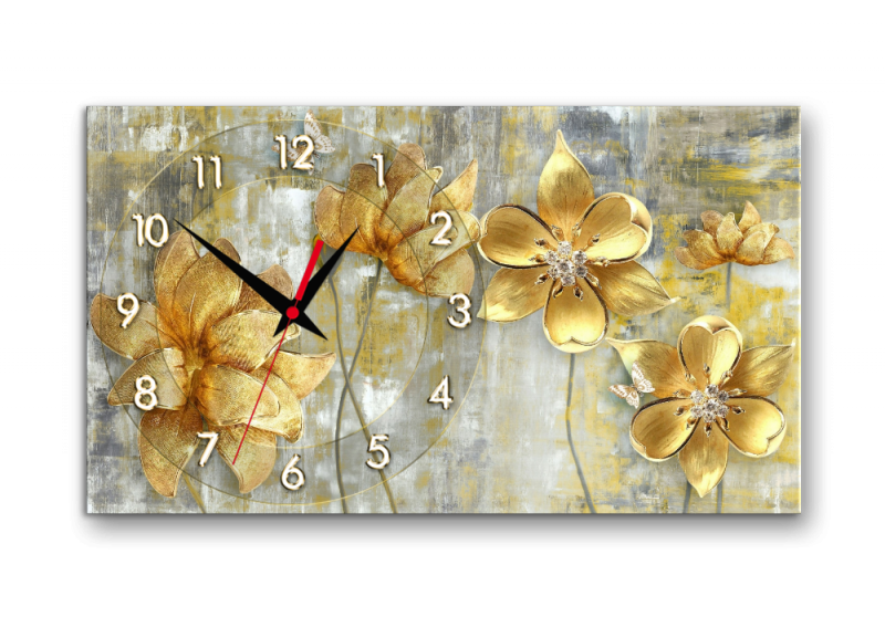 Часы настенные на стекле | Diva Kartina | Арт Постеры. Золотые лотосы | 70X40 см | Немецкий механизм