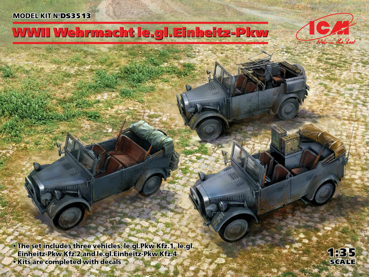 ICM Сборная модель WWII Wehrmacht le.gl.Einheitz-Pkw (le.gl.Pkw Kfz.1, le.gl.Einheitz-Pkw Kfz.2, le.gl.Einheitz-Pkw Kfz.4), 1/35