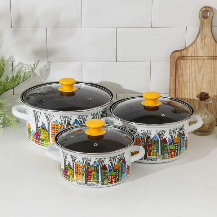 Керченская эмаль Набор посуды «Домики-1-Экстра», 3 предмета: 2,3 л, 3 л, 4 л, крышки, индукция - фотография № 1