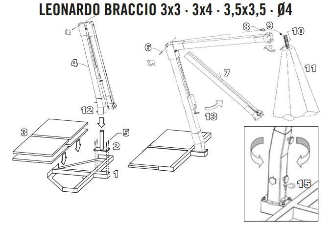 Зонт с боковой опорой Leonardo Braccio, Scolaro, 4х4 м - фотография № 14