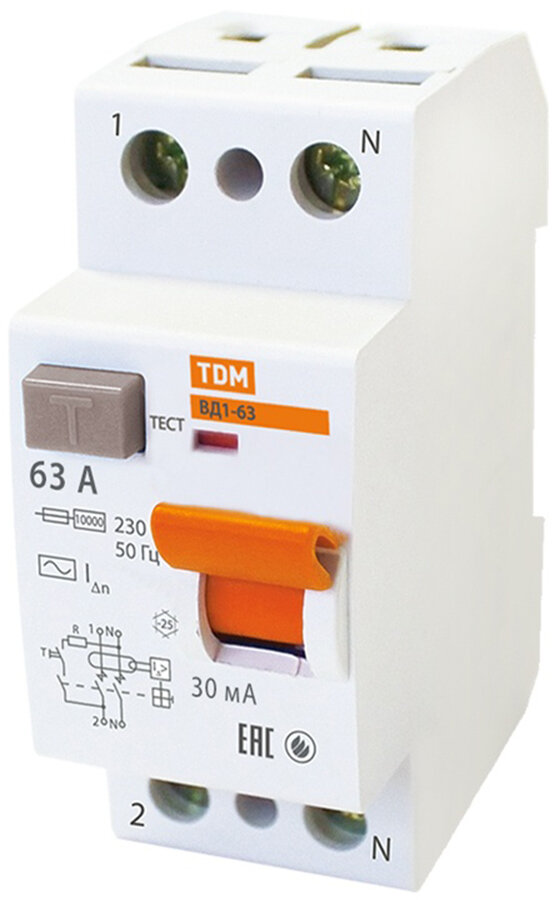 ТДМ Электрик ВД1-63 УЗО 2Р 63А хар-ка АС 30мА / TDM Electric ВД1-63 устройство защитного отключения 2 полюса 63А хар-ка АС 30мА